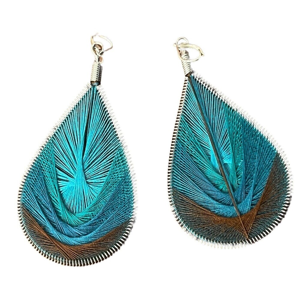 String Art Earrings Drop Pierced Teardrop Blue Brown Woven Retro Boho Hippie New